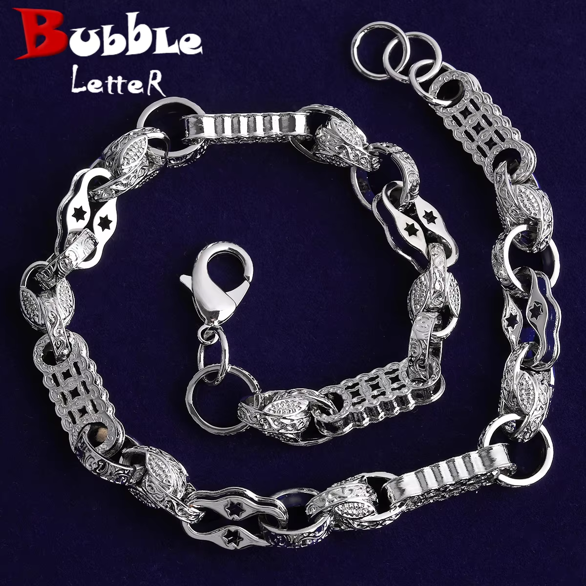 Bubble Letter Iced Out Star Bar Tulip Link Necklace Choker for Men Real Gold Plated Cubic Zirconia Hip Hop Jewelry