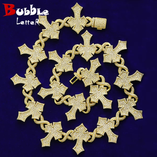 Bubble Letter Iced Out Cross Link Chain for Men Necklace Choker Prong Setting Hip Hop Jewelry