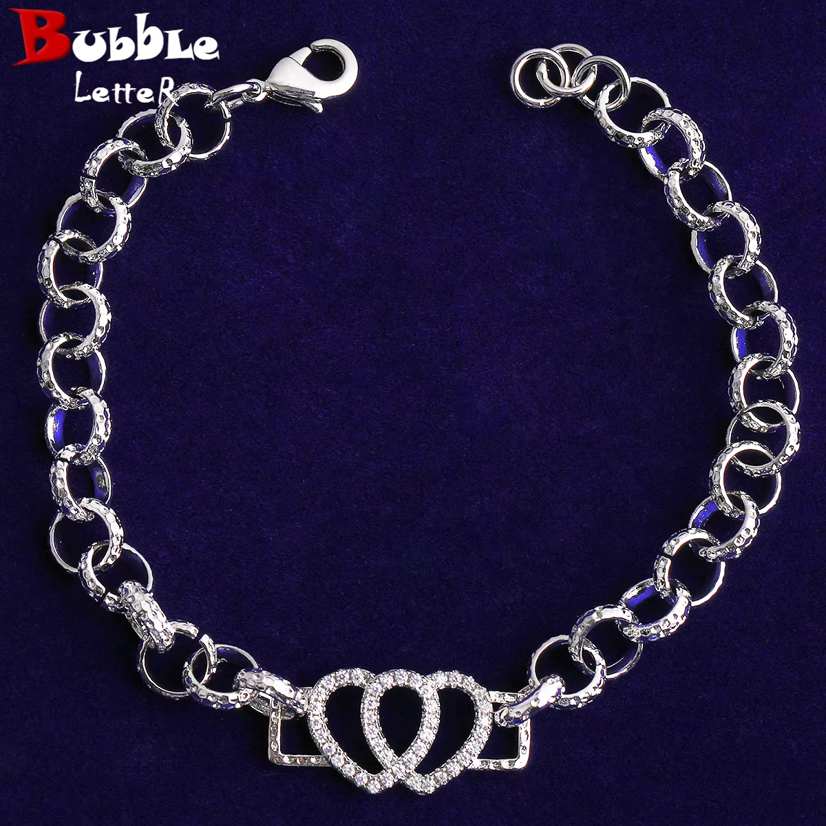 Bubble Letter Belcher Link Two Hearts Bracelet for Women Real Gold Plated Hip Hop Jewelry
