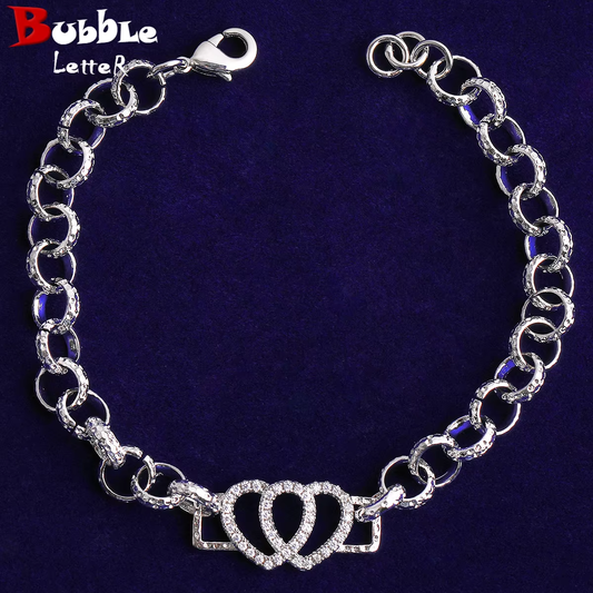 Bubble Letter Belcher Link Two Hearts Bracelet for Women Real Gold Plated Hip Hop Jewelry