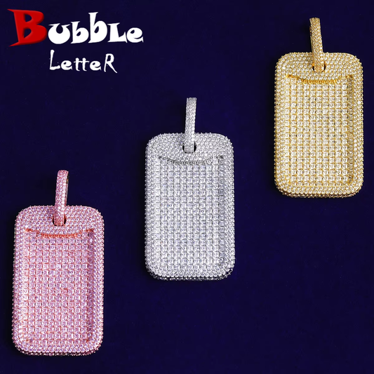 Bubble Letter Iced Out Dog Tag Necklace Pendant for Men 5A Cubic Zirconia Gold Plated Hip Hop Jewelry