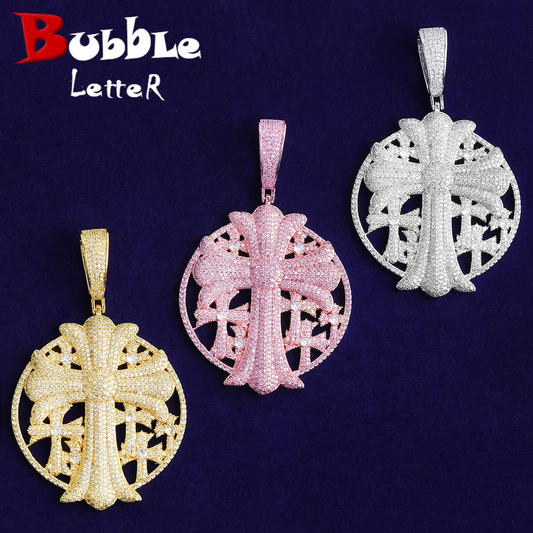 Bubble Letter Iced Out Cross Disc Necklace Pendant for Women Real Gold Plated 5A Cubic Zirconia Hip Hop Jewelry