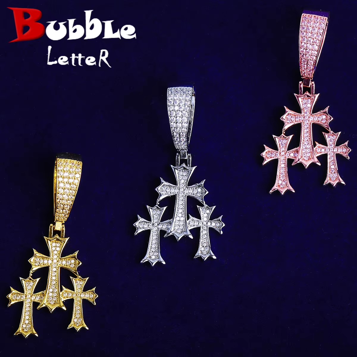 Bubble Letter Iced Out 3 in 1 Cross Necklace Pendant for Men Real Gold Plated 5A Cubic Zirconia Hip Hop Jewelry