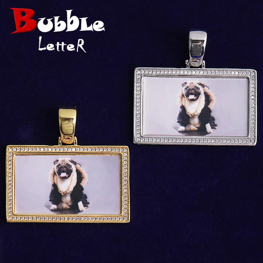 Bubble Letter Iced Out Rectangle Custom Photo Necklace Pendant for Men Real Gold Plated Cubic Zirconia Hip Hop Jewelry