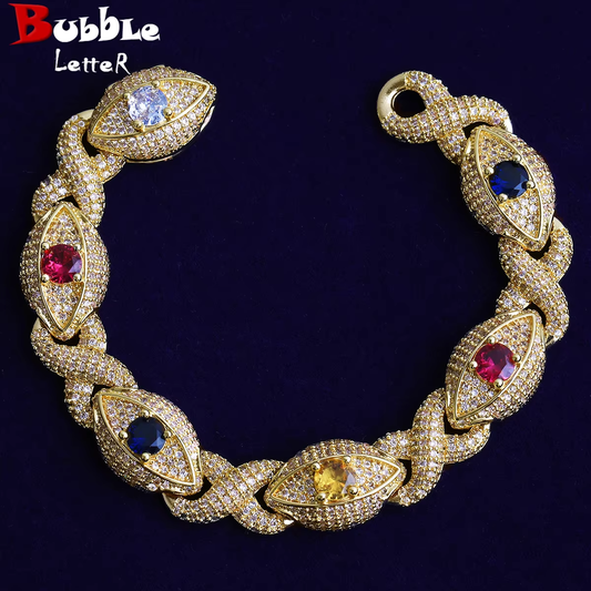 Bubble Letter Iced Out Colorful Eye Infinity Link Bracelet for Men Real Gold Plated Cubic Zirconia Hip Hop Jewelry