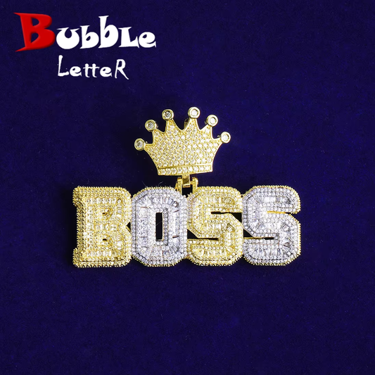 Bubble Letter Iced Out Boss Crown Bail Necklace Pendant for Men 5A Cubic Zirconia Prong Setting Hip Hop Jewelry