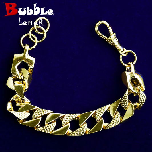 Bubble Letter 15mm Semi Patterned Cuban Link Belcher Bracelet for Men Real Copper Gold Plated Hip Hop Jewelry Albert Clasp
