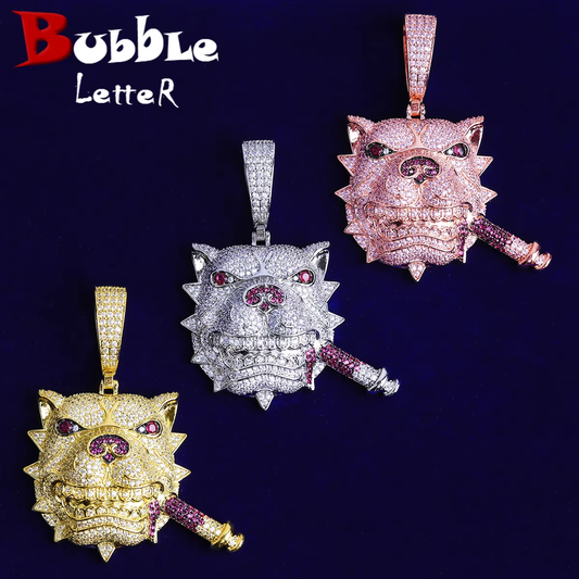 Bubble Letter Iced Out Dog Head Cigar Necklace Pendant for Men Prong Setting 5A Cubic Zirconia Hip Hop Jewelry