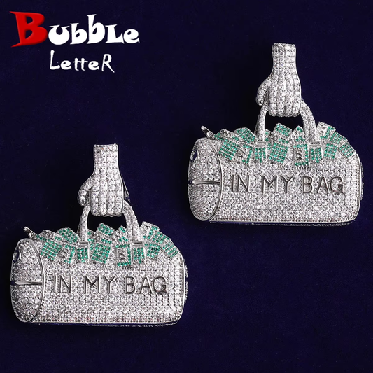 Bubble Letter Iced Out Silver Green In My Bag Necklace Pendant for Men Real Gold Plated 5A Cubic Zirconia Hip Hop Jewelry