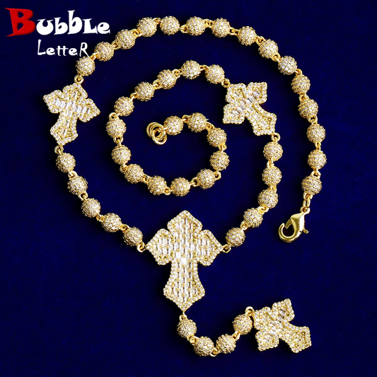 Bubble Letter Iced Out Beads Cross Chain for Men Necklace Choker 5A Cubic Zirconia Hip Hop Jewelry