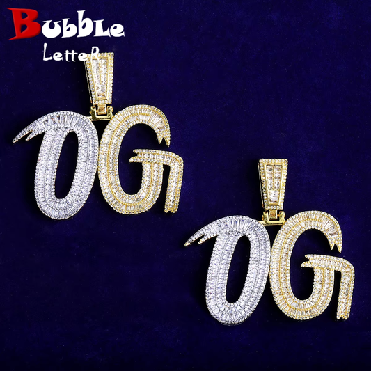 Bubble Letter Iced Out OG Two Tone Necklace Pendant for Men 5A Cubic Zirconia Gold Plated Hip Hop Jewelry