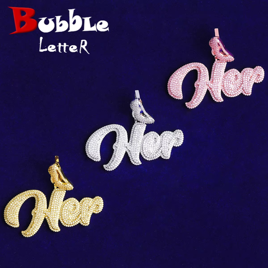 Bubble Letter Iced Out High Heel Bail Her Necklace Pendant for Women Prong Setting 5A Cubic Zirconia Hip Hop Jewelry