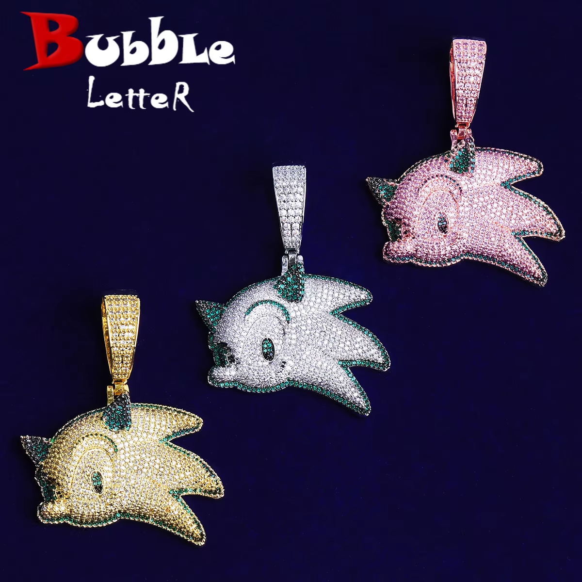 Bubble Letter Iced Out Sonic Necklace Pendant for Men 5A Cubic Zirconia Gold Plated Hip Hop Jewelry