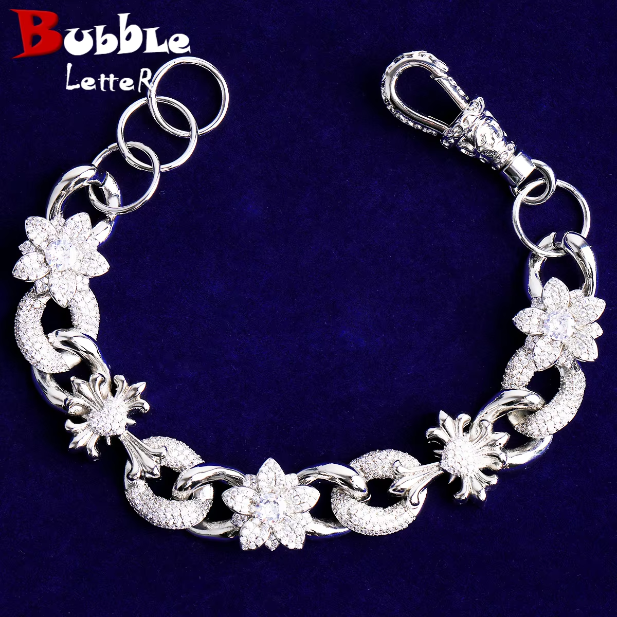 Bubble Letter Iced Out Cross Flower Link Bracelet for Men Real Copper Gold Plated Hip Hop Jewelry