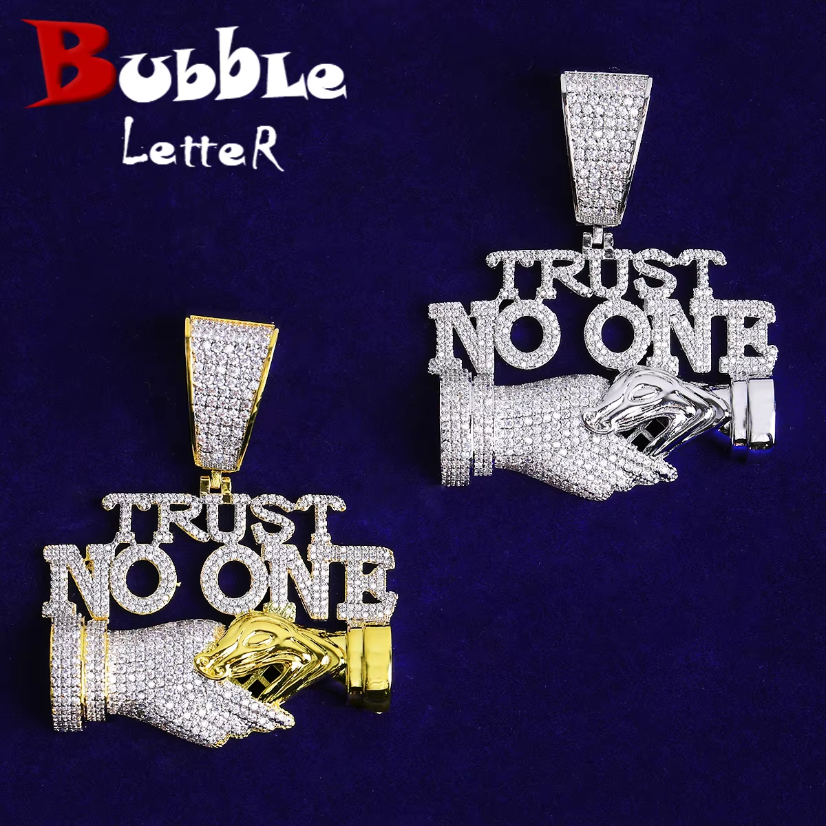 Bubble Letter Iced Out Trust No One Necklace Pendant for Men 5A Cubic Zirconia Prong Setting Hip Hop Jewelry