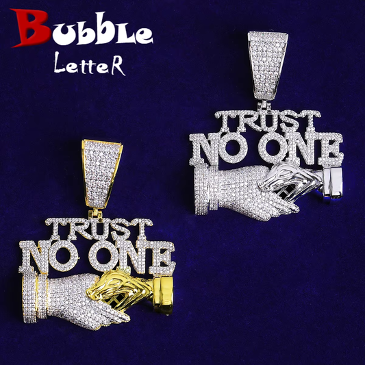 Bubble Letter Iced Out Trust No One Necklace Pendant for Men 5A Cubic Zirconia Prong Setting Hip Hop Jewelry