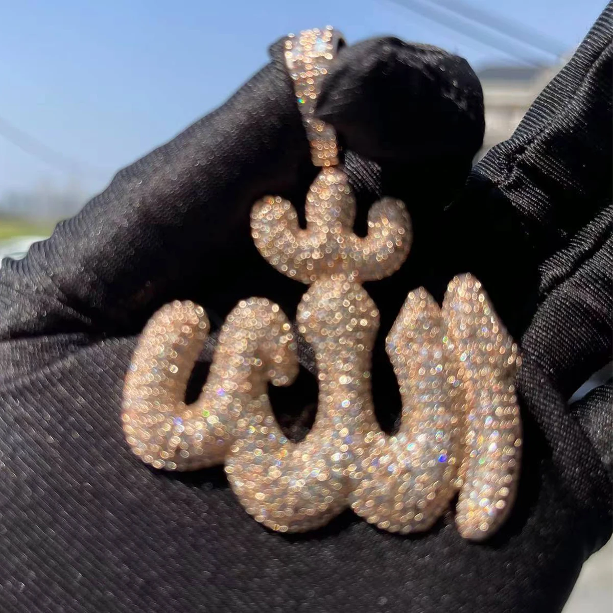 Bubble Letter Iced Out Allah Pendant Necklace Real Gold Plated Hip Hop Jewelry Unique Charms 2022 Trend