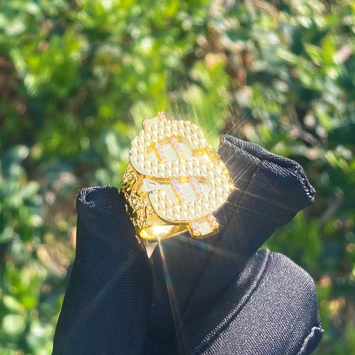 Bubble Letter Dollar Sign Ring for Men Real Gold Plated Hip Hop Jewelry