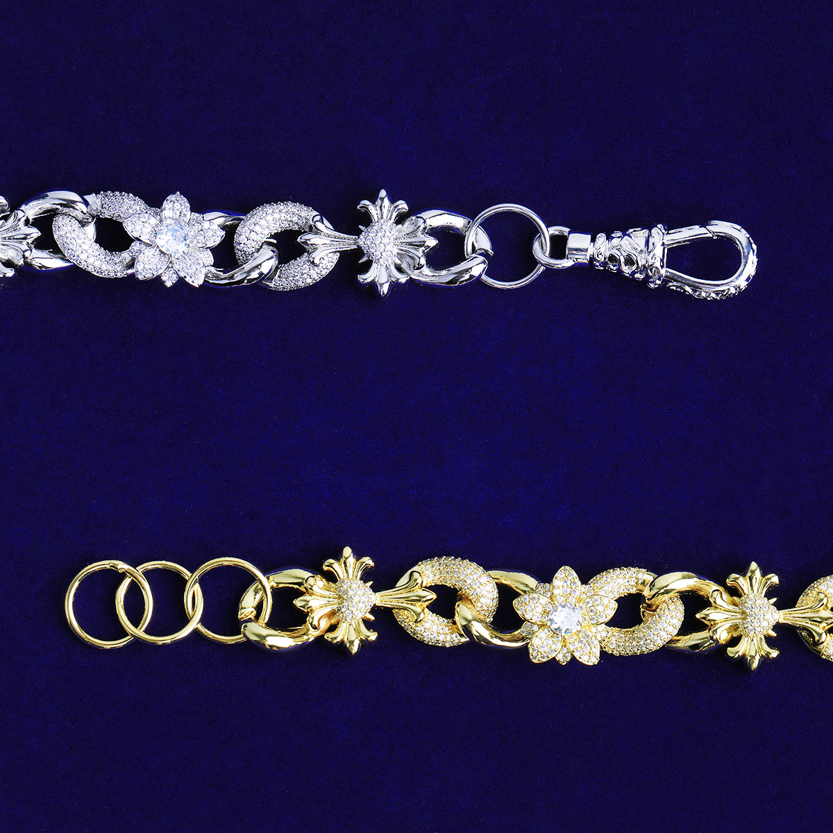 Bubble Letter Iced Out Cross Flower Link Bracelet for Men Real Copper Gold Plated Hip Hop Jewelry