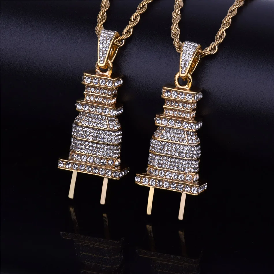 Bubble Letter Men's Iced Bling Plug Pendant Necklace Gold Color Charms Micro Pave Full Rhinestone Hip Hop Jewelry