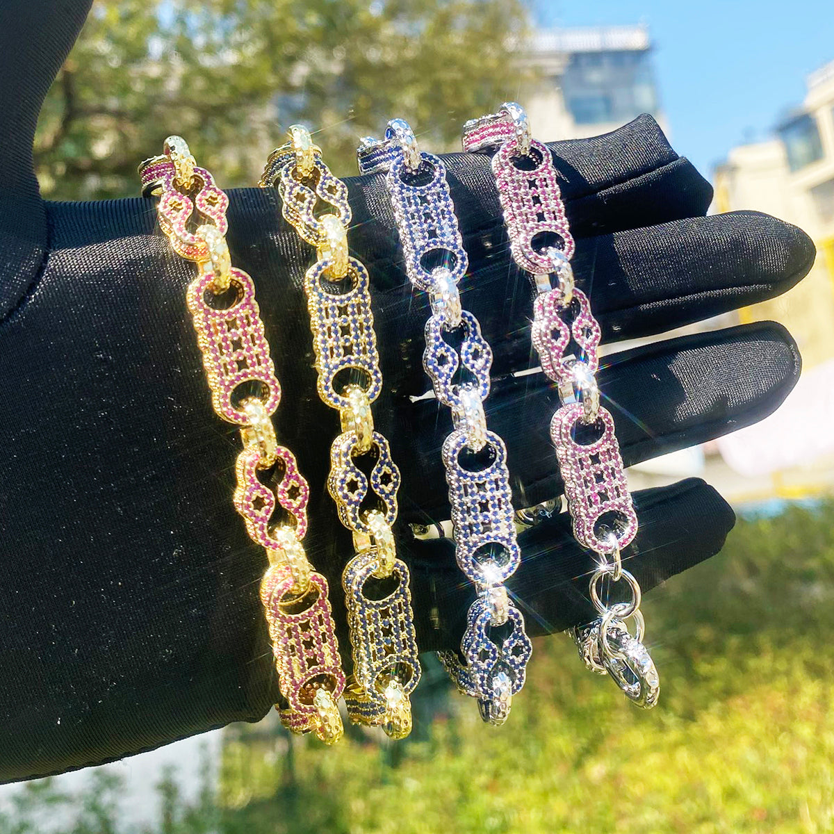 Bubble Letter Iced Out Blue Stones Star Bar Link Bracelet for Men Real Copper Cubic Zirconia Gold Plated Hip Hop Jewelry