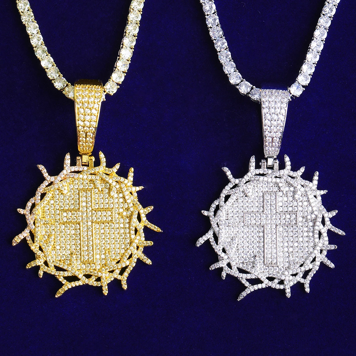 Bubble Letter Iced Out Barbered Wire Circle Cross Necklace Pendant for Men 5A Cubic Zirconia Gold Plated Hip Hop Jewelry