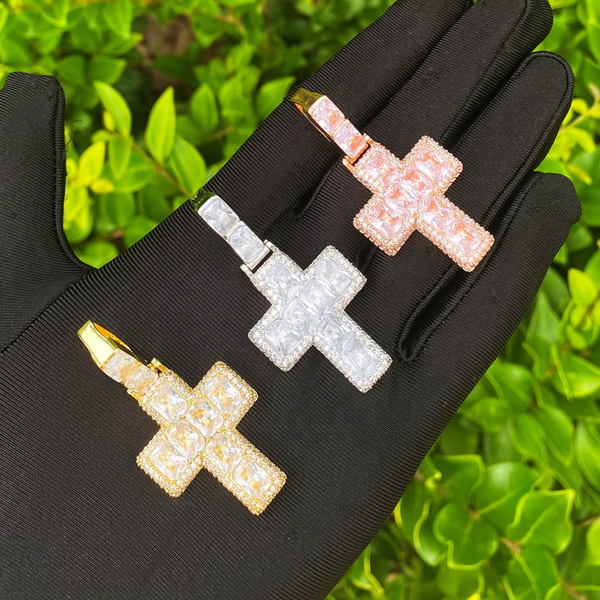 Bubble Letter Iced Out Baguette Cross Necklace Pendant for Men 5A Cubic Zirconia Gold Plated Hip Hop Jewelry