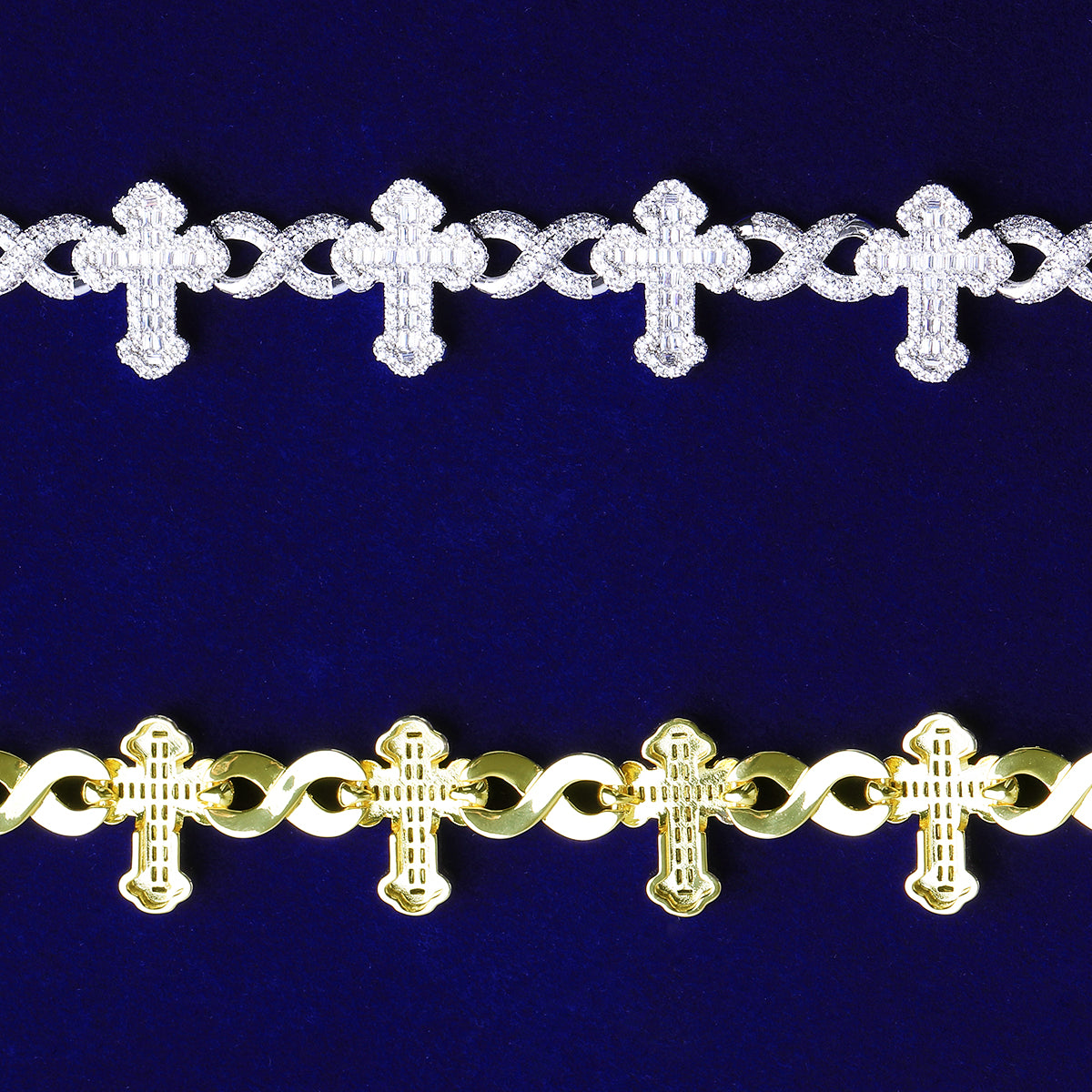 Bubble Letter Iced Out Baguette Cross Infinity Link Bracelet for Men 5A Cubic Zirconia Real Gold Plated Hip Hop Jewelry