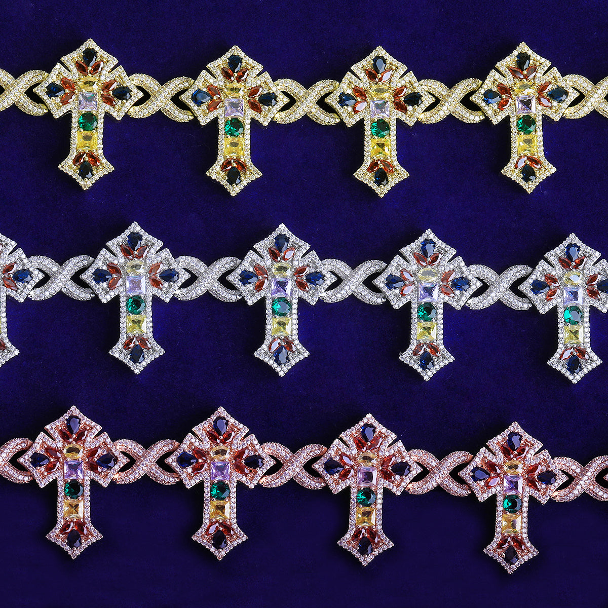 Bubble Letter Iced Out Colorful Cross Link Chain for Men Necklace Choker Prong Setting Hip Hop Jewelry