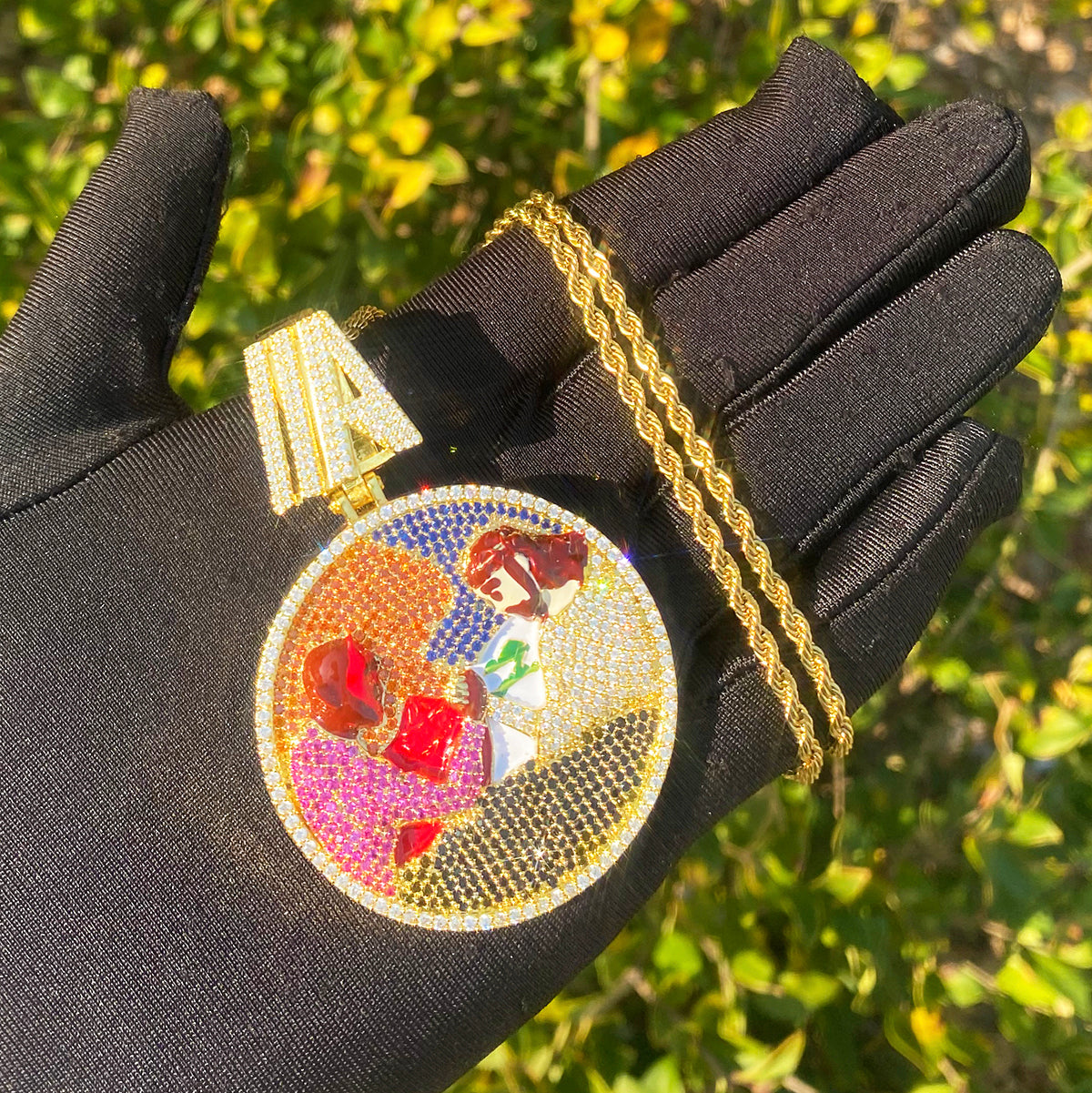 Bubble Letter Iced Out Arm Wrestling Circle Necklace Pendant for Men 5A Cubic Zirconia Hip Hop Jewelry