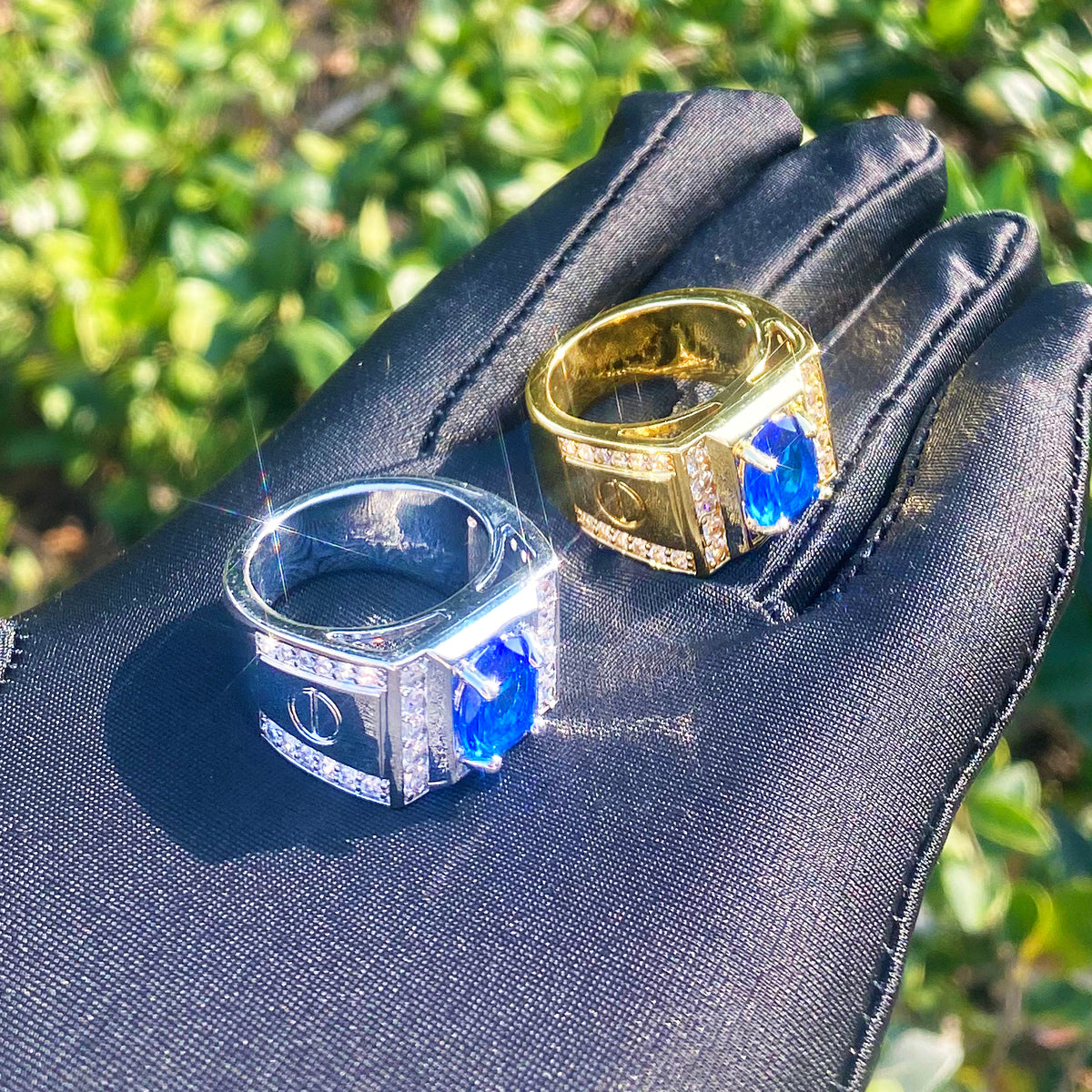 Bubble Letter Iced Out Blue Stone Ring for Men Real Gold Plated Hip Hop Jewelry