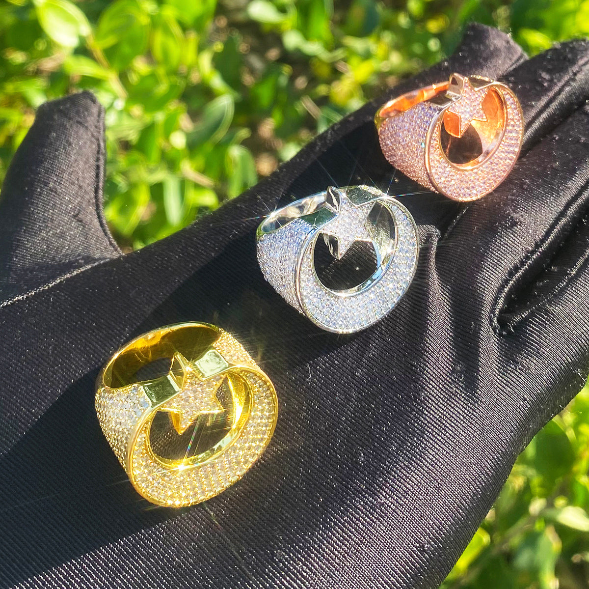 Bubble Letter Iced Out Moon Star Ring for Men 5A Cubic Zirconia Hip Hop Jewelry