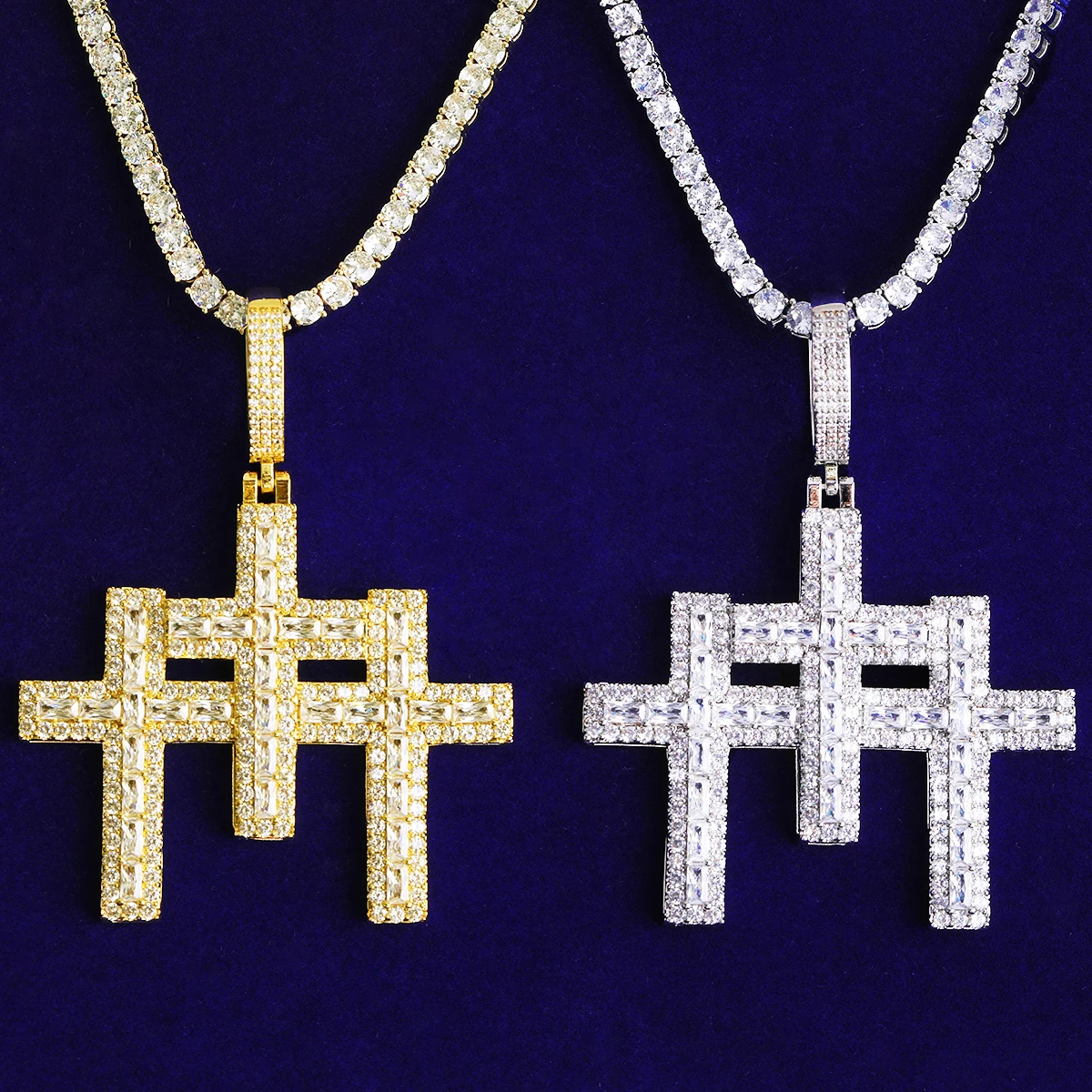 Bubble Letter Iced Out 3 in 1 Cross Necklace Pendant for Men Real Gold Plated 5A Cubic Zirconia Hip Hop Jewelry