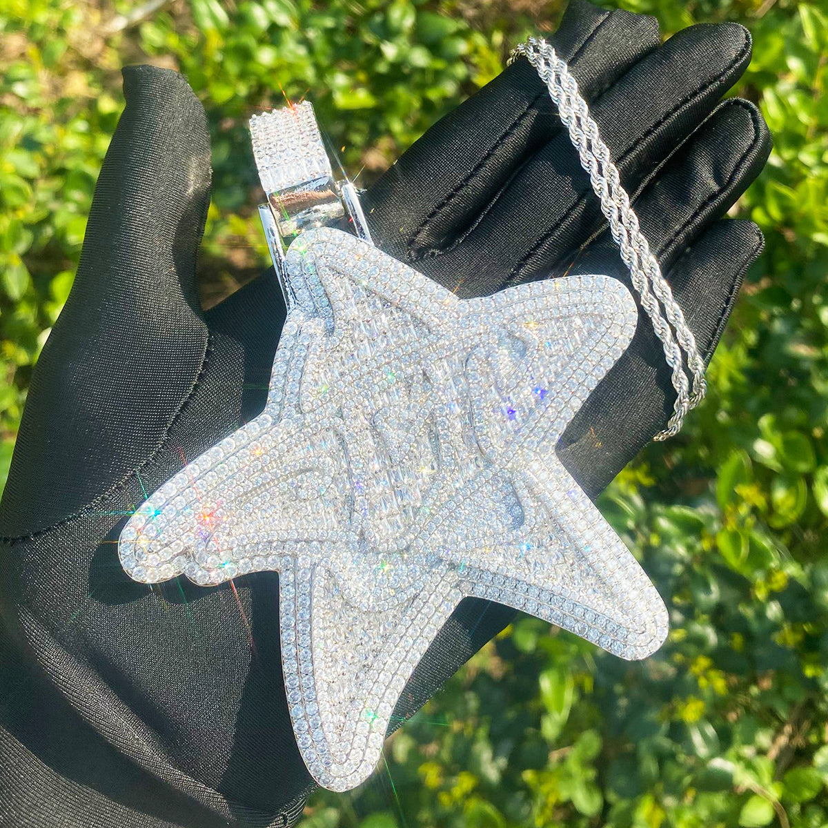 Bubble Letter Iced Out Super Big Star Necklace Pendant for Men Real Gold Plated Cubic Zirconia Hip Hop Jewelry