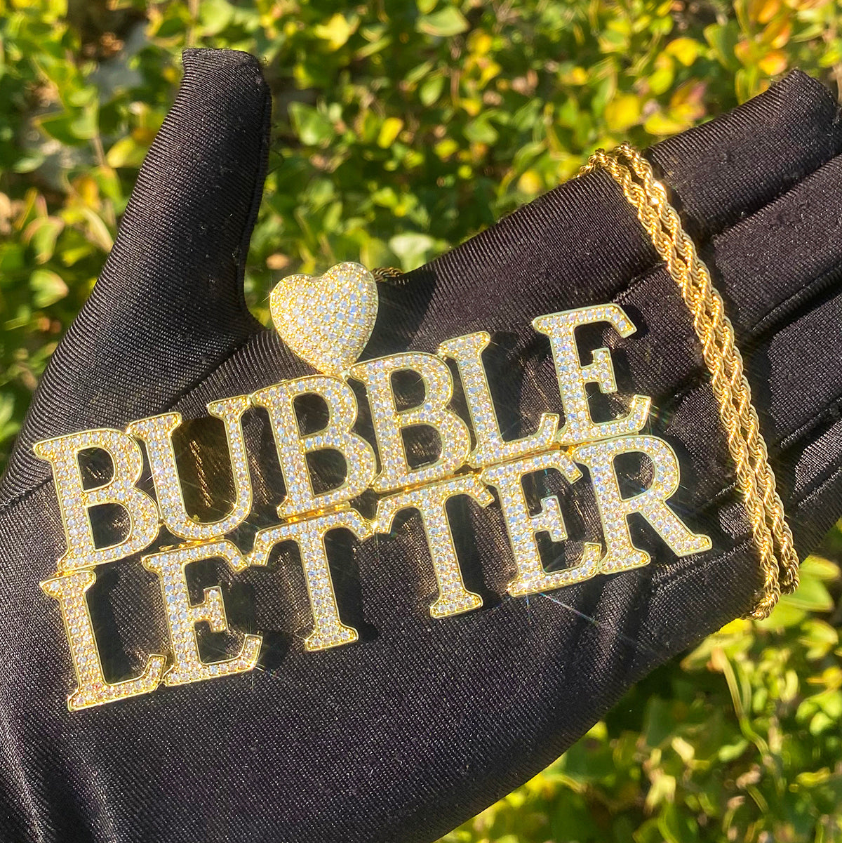 Bubble Letter Iced Out Customized Name Necklace Pendant for Men Heart Bail Real Gold Plated Hip Hop Jewelry