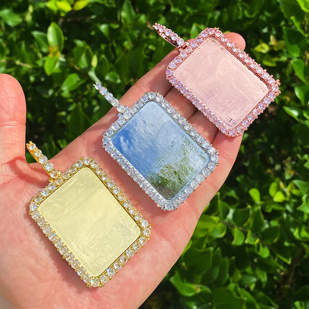 Bubble Letter Iced Solid Back Rectangular Custom Photo Necklace Pendant Men Real Gold Plated 5A Cubic Zirconia Hip Hop Jewelry