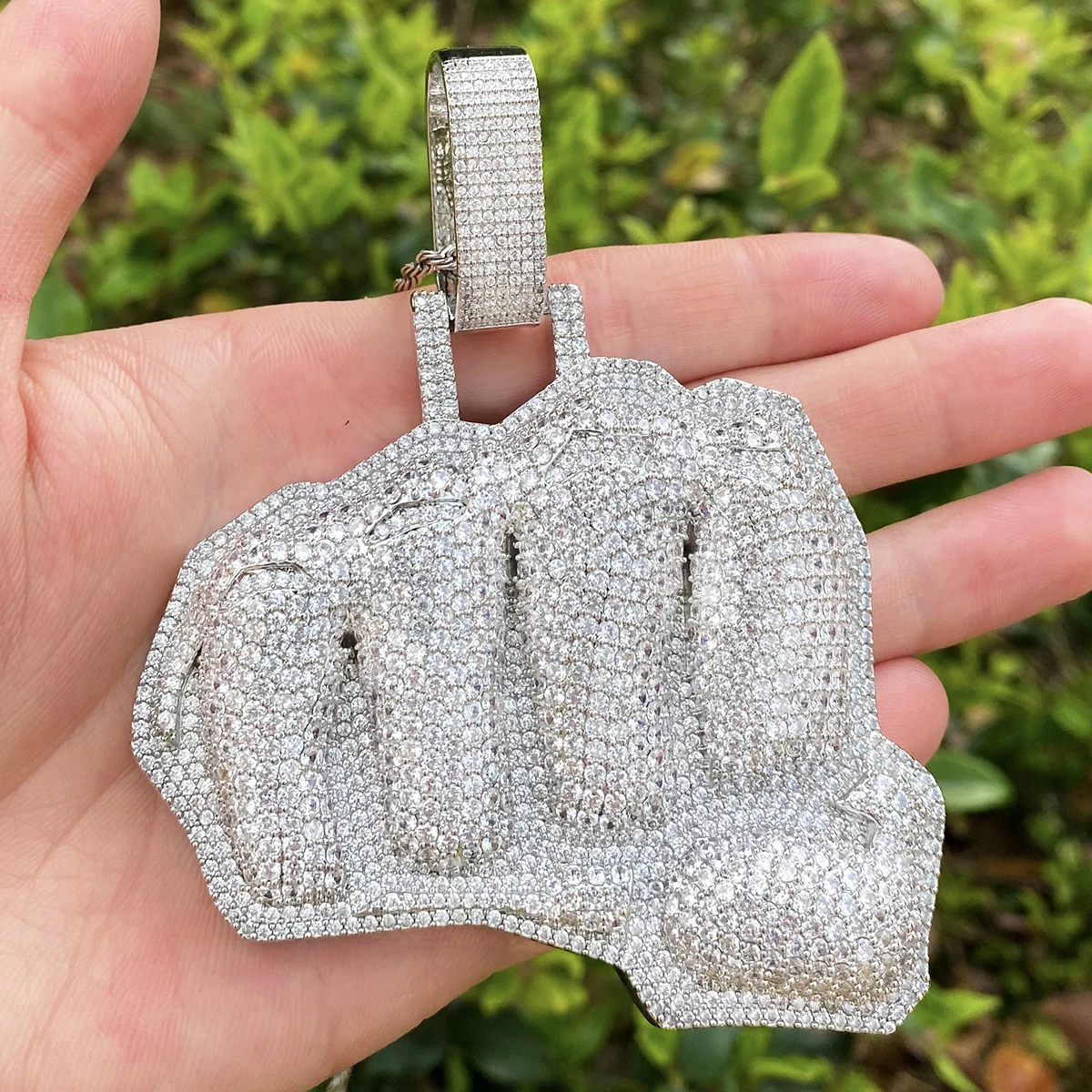Bubble Letter Iced Out Fist Necklace Pendant for Men Real Gold Plated Cubic Zirconia Hip Hop Jewelry