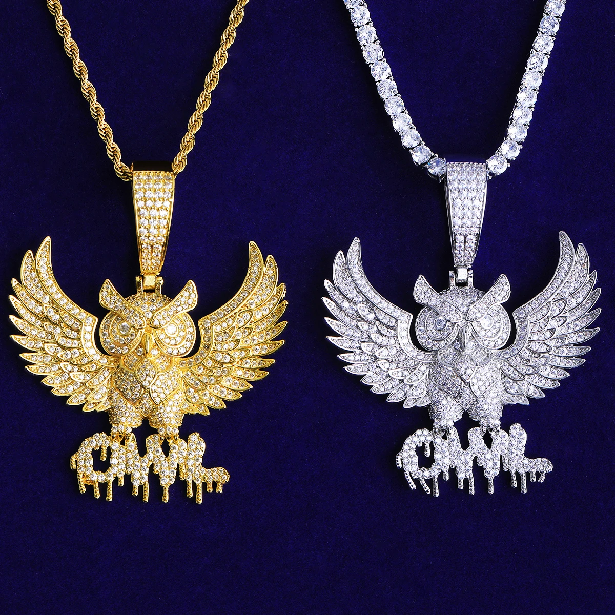Bubble Letter Iced Out Owl Necklace Pendant for Men 5A Cubic Zirconia Gold Plated Hip Hop Jewelry