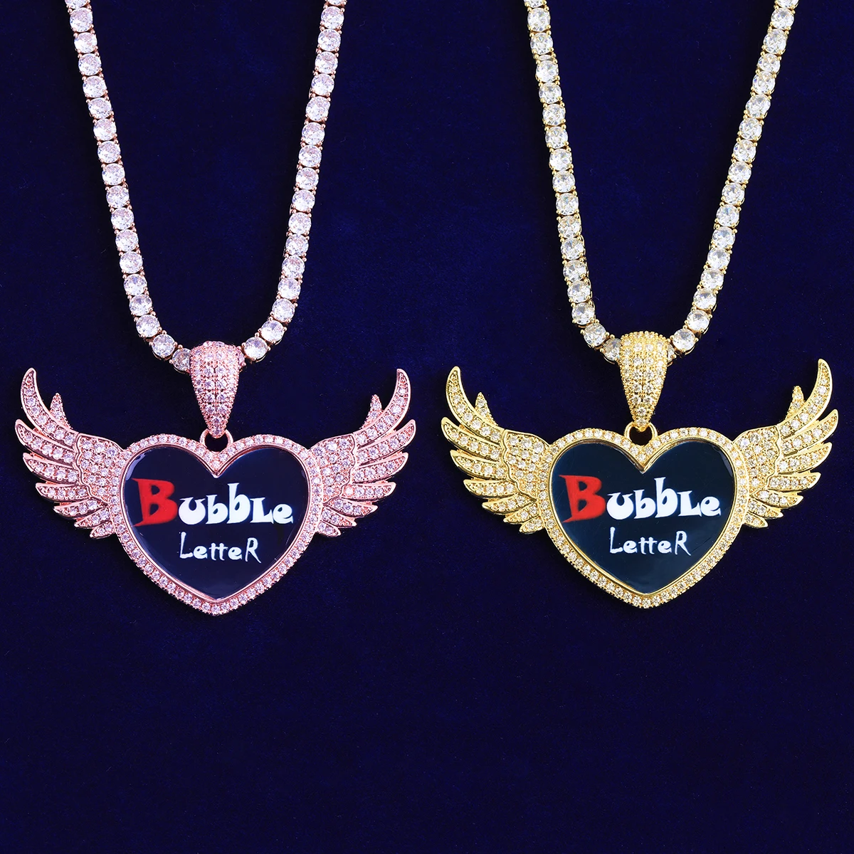 Bubble Letter Iced Out Wing Heart Solid back Custom Photo Necklace Pendant for Men Real Gold Plated 5A Grade Hip Hop Jewelry