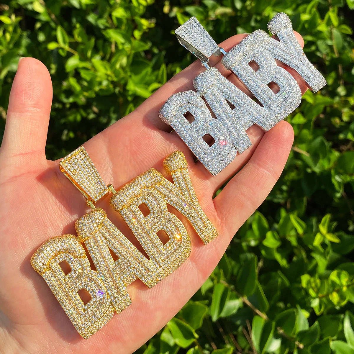 Bubble Letter Iced Out Baby Necklace Pendant for Men 5A Cubic Zirconia Prong Setting Hip Hop Jewelry