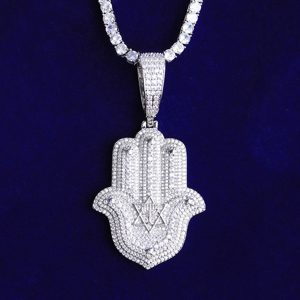 Bubble Letter Iced Out Halma Hand David of Star Necklace Pendant for Men Real Gold Plated 5A Cubic Zirconia Hip Hop Jewelry