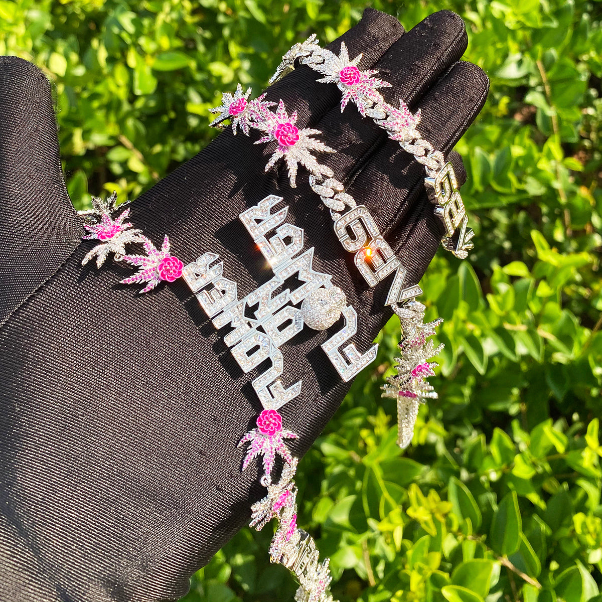 Bubble Letter Iced Out Palm Flower Chain for Men Necklace Choker 5A Cubic Zirconia Hip Hop Jewelry