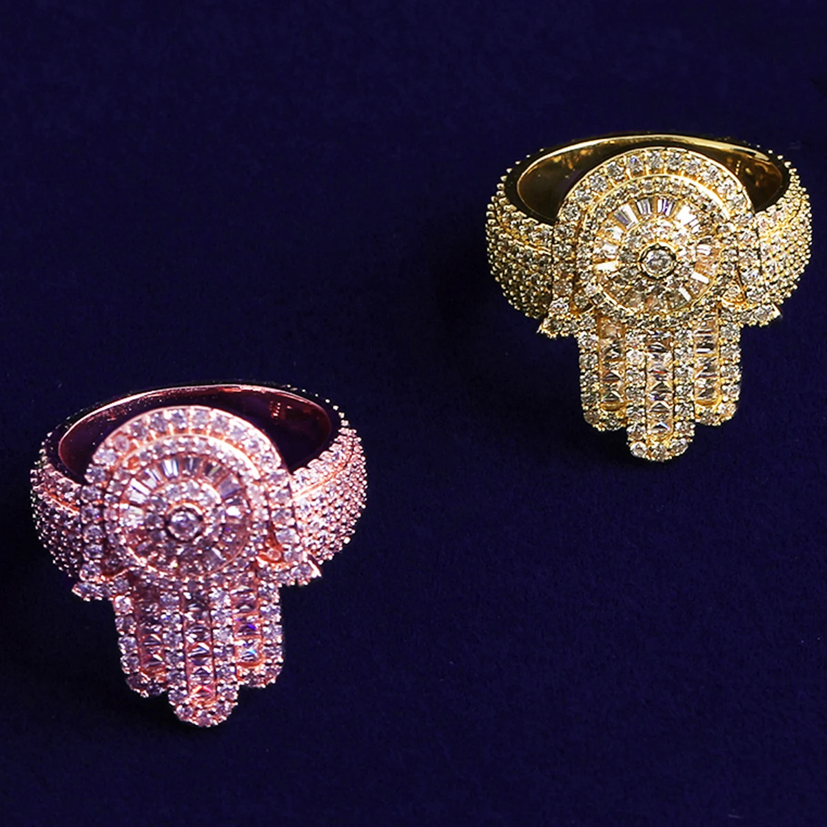 Bubble Letter Iced Out Hamsa Hand Ring for Men Real Gold Plated Cubic Zirconia Hip Hop Jewelry