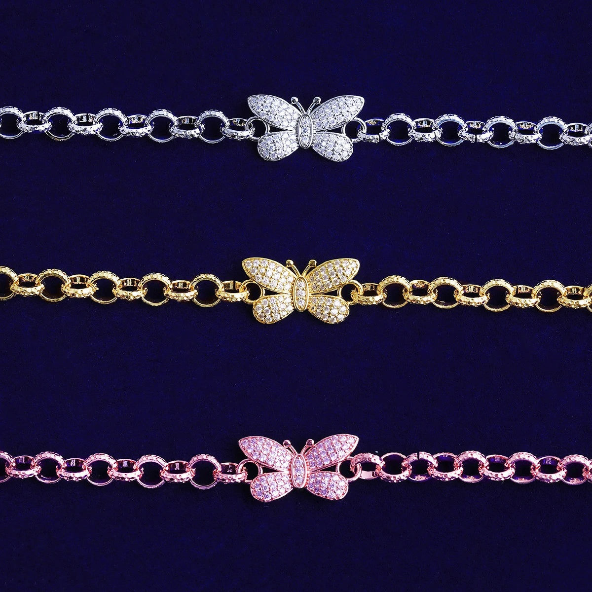 Bubble Letter Iced Out Ring Link Bracelet Butterfly for Women Real Gold Plated 5A Grade Hip Hop Jewelry
