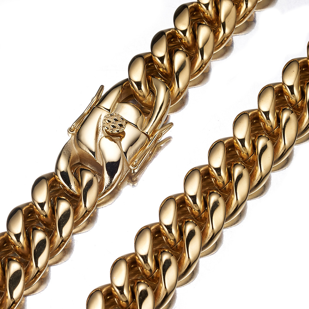 Bubble Letter Stainless Steel Miami Cuban Link Chain for Men Necklace Choker PVD Plating Real Gold Plated Lobster Clasp Rapper Jewelry