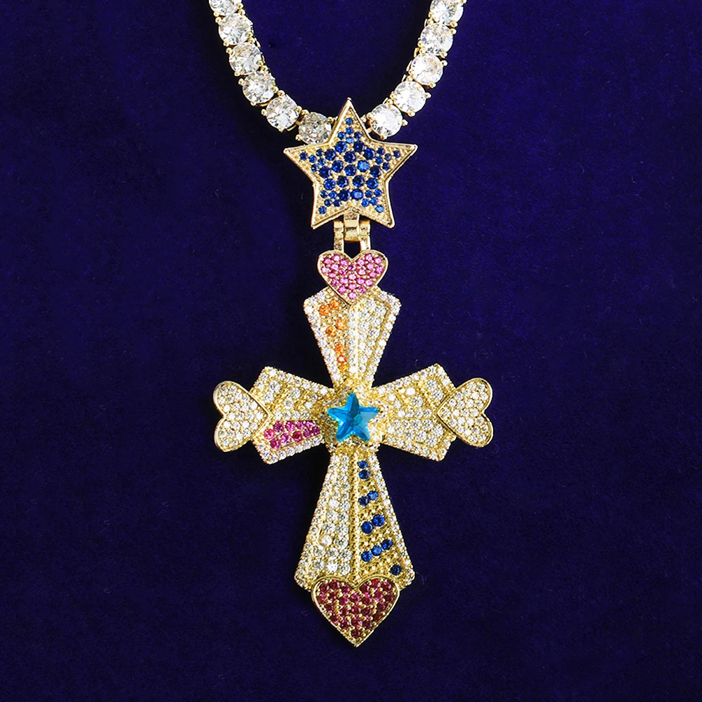 Bubble Letter Iced Out Colorful Cross Heart Arrow Star Bail Necklace Pendant Men Gold Plated 5A Cubic Zirconia Hip Hop Jewelry