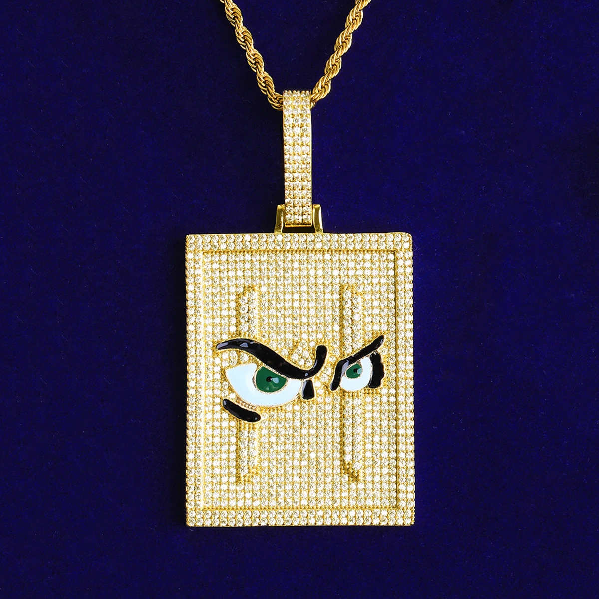Bubble Letter Iced Out Bird Eye Dog Tag Necklace Pendant for Men Real Gold Plated 5A Cubic Zirconia Hip Hop Jewelry