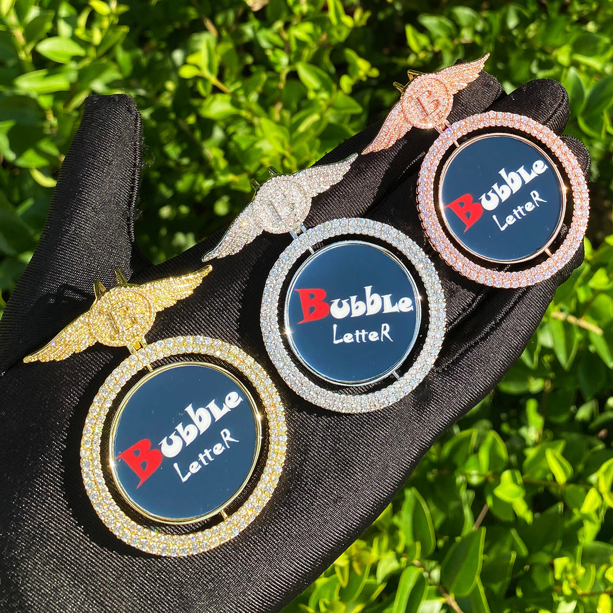 Bubble Letter Iced Out Custom Photo Necklace for Men Wing Bail 5A Cubic Zirconia Gold Plated Hip Hop Jewelry