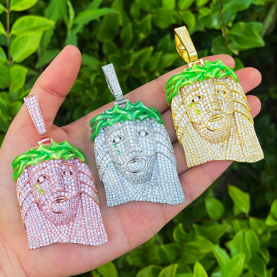 Bubble Letter Iced Out Green Jesus Necklace Pendant for Men 5A Cubic Zirconia Gold Plated Hip Hop Jewelry