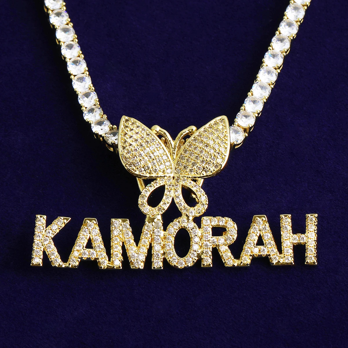 Bubble Letter Iced Out Custom Name Necklace Pendant Butterfly Bail for Women Real Gold Plated 5A Grade Hip Hop Jewelry